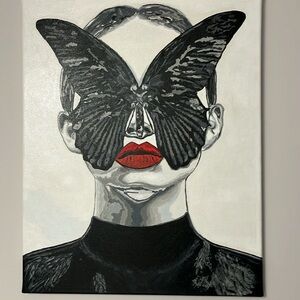 Butterfly woman black and white painting already framed
